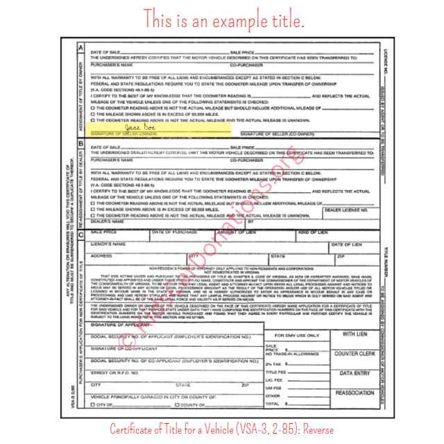 This is an Example of Virginia Certificate of Title for a Vehicle (VSA-3, 2-85) Reverse View | Kids Car Donations